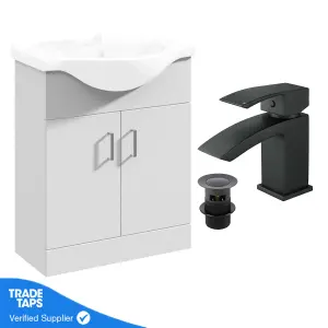 White 650mm Floor Standing 2-Door Vanity Unit & Round Basin with Square Matt Black Tap