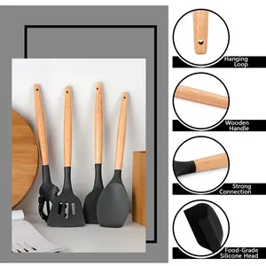 36Pcs Silicone Kitchen Utensil Set, Wooden Handle Cooking Utensils Spatula Set With Holder, Heat Resistant Kitchen Tools Safe For Non-Stick Cookware, Non-Toxic & Easy Clean, Black