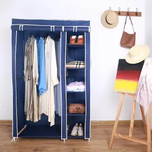 Fabric Canvas Wardrobe Organizer Clothes Rail Shelves Storage Closet Double Tall - Blue