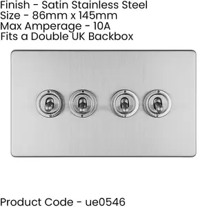 2 PACK 4 Gang Quad Retro Toggle Light Switch SCREWLESS SATIN STEEL 10A 2 Way