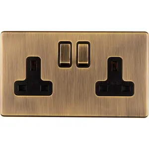 2 Gang DP 13A Switched UK Plug Socket SCREWLESS ANTIQUE BRASS Wall Power Outlet