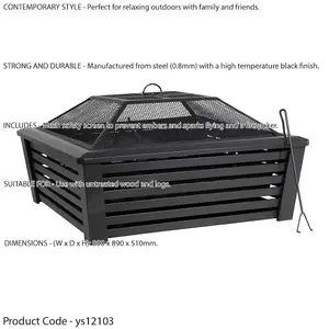 89cm Square Black Fire Pit - Modern Design for Garden Gatherings