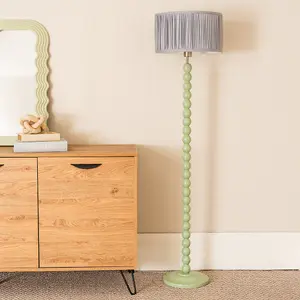 ValueLights Bobbins Sage Green Floor Lamp with Ruched Pleated Blue Drum Shade and LED Bulb