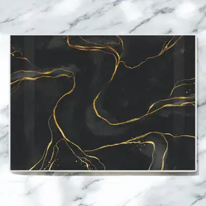 Marble Large Glass Worktop Protector - Black & Gold Marble Textured Kitchen Chopping/Cutting Board Worktop Saver