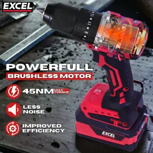 Excel 18V Brushless Twin Pack Impact Driver & Combi Drill with 2 x 2.0Ah Battery Charger