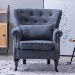 Dark Grey Chenille Wing Back Armchair with Lumbar Pillow