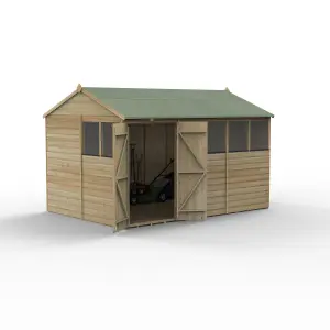 Forest Garden Beckwood Shiplap 12x8 ft Reverse apex Natural timber Wooden Pressure treated 2 door Shed with floor & 6 windows (Base included) - Assembly service included