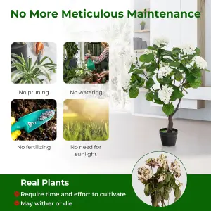 Costway Artificial Hydrangea Tree Fake Floral Plant with 11 White Flowers & Realistic Trunk in Plastic Nursery Pot