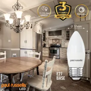 paul russells LED Candle Dimmable Bulb Edison Screw ES E27, 5.5W 470 Lumens, 40w Equivalent, 4000K Cool/Natural White