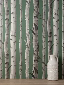 Fine Decor Birch Trees Hunter Green Wallpaper FD43292