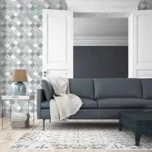 Love Your Walls Vinyl Geometric Patterned Tiles Wallpaper Blue Smooth Finish