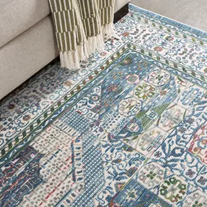 Ivory Blue Rug, Stain-Resistant Luxurious Rug, Traditional Bordered Floral Rug for Bedroom, & DiningRoom-239cm X 300cm