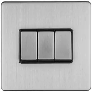 3 Gang Triple Light Switch SCREWLESS SATIN STEEL 2 Way 10A Metal Rocker Slim