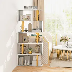 COSTWAY 5-Tier Geometric Bookcase 157 cm S-Shaped Bookshelf with Metal Frame