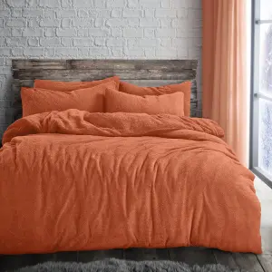 Velosso Plain Teddy Warm And Cosy Duvet Cover And Pillowcase Set - Orange