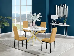 Furniturebox UK Novara White Gloss Gold Leg 120cm Round Dining Table & 4 Mustard Velvet Milan Black Leg Chairs