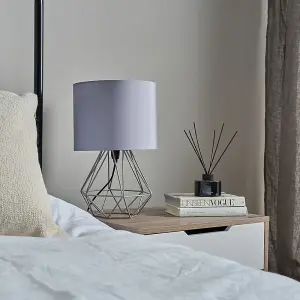 ValueLights Angus Modern Geometric Grey Metal Cage Bedside Table Lamp with Grey Fabric Shade