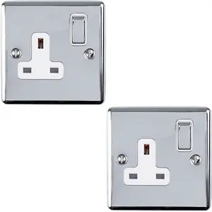 2 PACK 1 Gang Single UK Plug Socket POLISHED CHROME 13A Switched White Trim