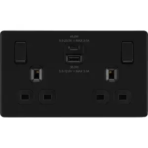 BG Screwless Flatplate Matt Black, 13A Double Switched Socket With USB A + C 45W, Black Inserts