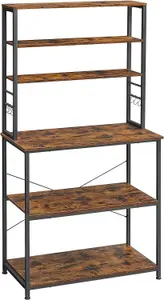 VASAGLE Tall Baker's Rack, Kitchen Storage Unit with Shelves, 6 Hooks & Metal Frame, Microwave Stand, Rustic Brown & Black