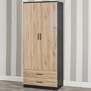 URBNLIVING 180cm Tall Wooden 2 Door Wardrobe Black Carcass and Oak Drawers With 2 Drawers Bedroom Storage Hanging Bar Clothes