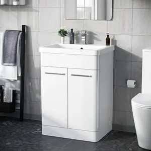 Nes Home Afern 600mm MDF Vanity Unit Cabinet & Wash Ceramic Basin White - Flat Pack