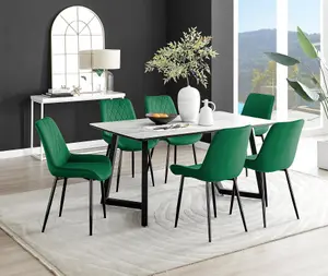 Carson 6 Seater White Marble Effect Rectangular Scratch Resistant Dining Table with 6 Green Pesaro Velvet Black Leg Chairs