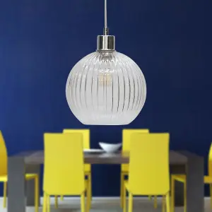 First Choice Lighting Set of 2 Betchley Clear Ribbed Glass Globe with Chrome Pendant Fittings