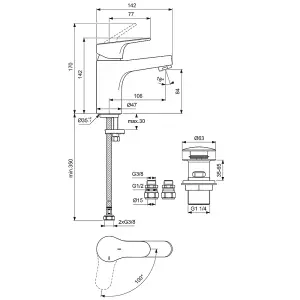 Ideal Standard Cerabase single lever basin mixer tap with click waste and bluestart technology, BD054AA, chrome