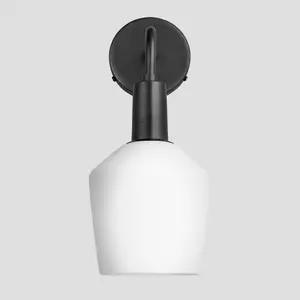 Industville Sleek Opal Glass Schoolhouse Wall Light, 5.5 Inch, White, Pewter Holder