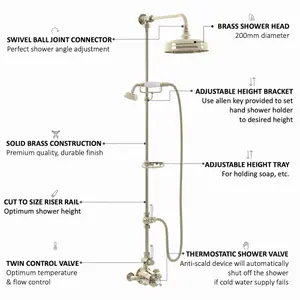 ENKI Downton English Gold White Traditional 2-Outlet Brass Thermostatic Shower Set with Diverter 200mm