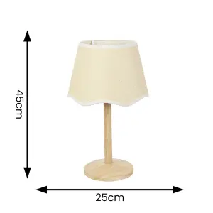 ValueLights Triston Natural Light Wood Stem Table Lamp with Scallop White Trim Tapered Lamp Shade and LED Bulb