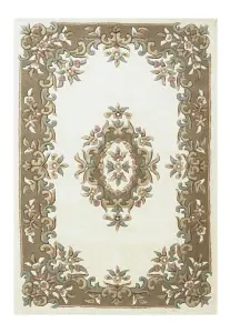 Handmade Bordered Floral Easy to Clean Cream Beige Traditional Wool Rug for Living Room & Bedroom-160cm X 235cm