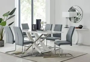 Furniturebox UK 6 Seater Dining Set - Mayfair High Gloss White Chrome Dining Table and Chairs - 6 Grey Faux Leather Lorenzo Chairs