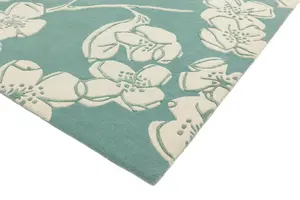 Blue Floral Wool Handmade Modern Easy to Clean Bedroom Dining Room And Living Room Rug -80cm X 150cm