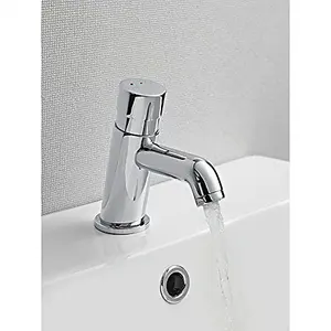 Non Concussive Push Down Self Closing Round Chrome Basin Mono Mixer Tap Hot Cold