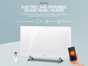 BERG 600W Far Infrared Electric Wi-Fi/Remote Control Smart Glass Panel Heater - Ultraslim (12mm) White