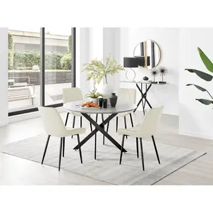 Tierra Modern Chrome Metal & Glass Round Dining Table Set with 4 Luxury Velvet Dining Chairs Black / Cream/Black / 75 x 120 x 120cm