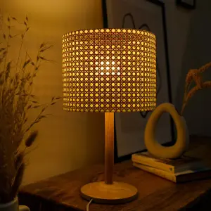 ValueLights Triston Single Stem Natural Light Wood Table Lamp with Cream Woven Rattan Wicker Shade