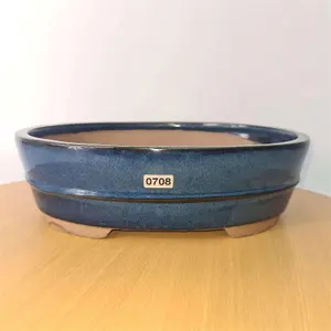 26cm Glazed Bonsai Pot - Oval - 26cm x 20cm x 8cm - Blue