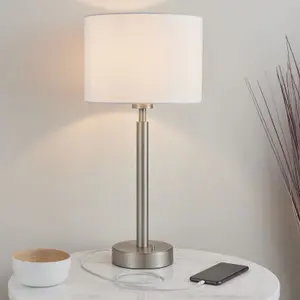 Table Lamp Matt Nickel & Vintage White Fabric 60W E27 USB Socket e10578