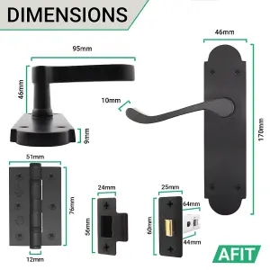 AFIT Matt Black Door Handle Latch Set - Victorian Scroll Shaped - 4 Pairs of Internal Latch Door Handles, Hinges 76mm & Latch 64mm