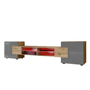 Bridge Wide TV Unit with Storage & Led Lighting - Grey Gloss / Wotan Oak