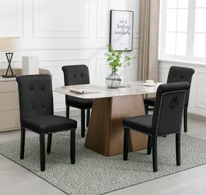 Set of 6 High Back Velvet Upholstered Kitchen Dining Chairs with Pull Knocker Ring Back Office Chairs Black