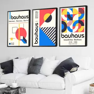 Bauhaus Red Blue & Yellow Geometric Set of 3 Wall Art Prints / 42x59cm (A2) / Black Frame