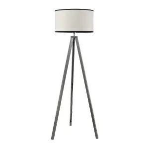 ValueLights Barbro Grey Wood Tripod Floor Lamp with Natural Linen with Black Trim Drum Shade and LED Bulb