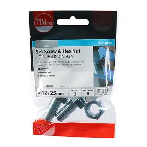 Timco - Set Screws & Hex Nuts - Grade 8.8 - Zinc (Size M12 x 25 - 2 Pieces)