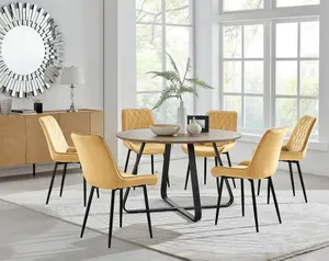 Furniturebox UK Santorini Brown Round Round Dining Table And 6 Mustard Pesaro Black Leg Chairs