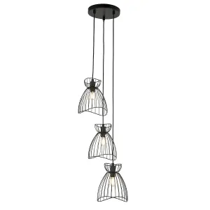 First Choice Lighting Set of 2 Diablo Black Cage Design 3 Light Ceiling Pendant Lights