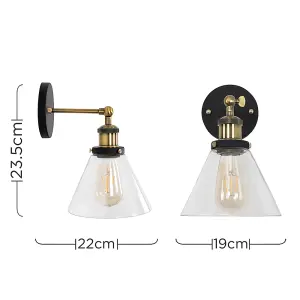 ValueLights Norton Pair of Industrial Black and Gold Wall Light Fittings with Clear Glass Light Shades